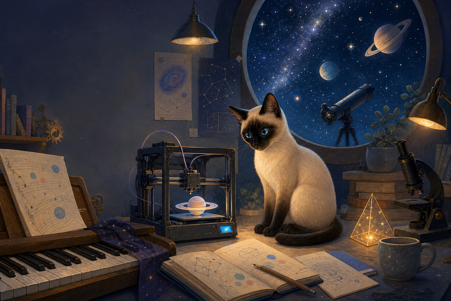 Eine Siamkatze in einer fantasievollen Werkstatt mit Klavier, 3D-Drucker, Teleskop und Blick ins Weltall